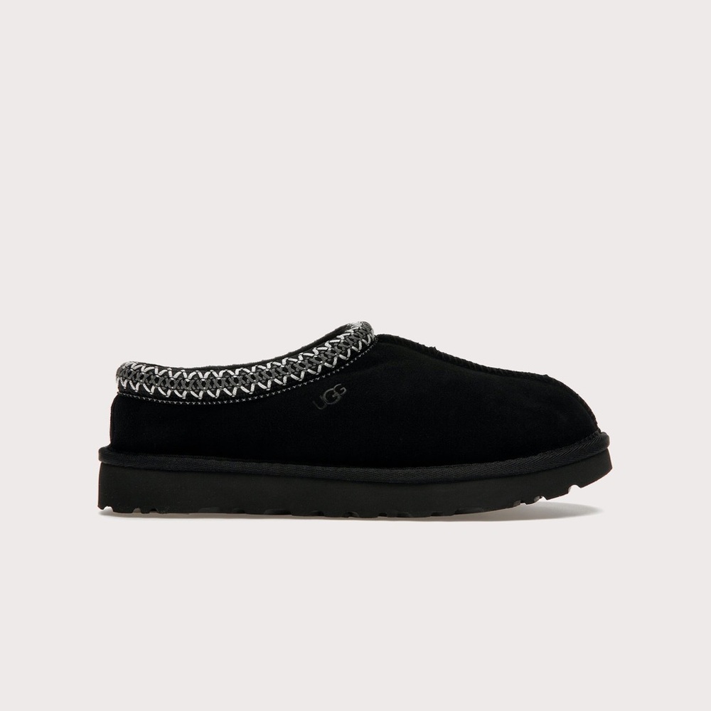 UGG Black Suede Slip-Ons with Woven Trim
